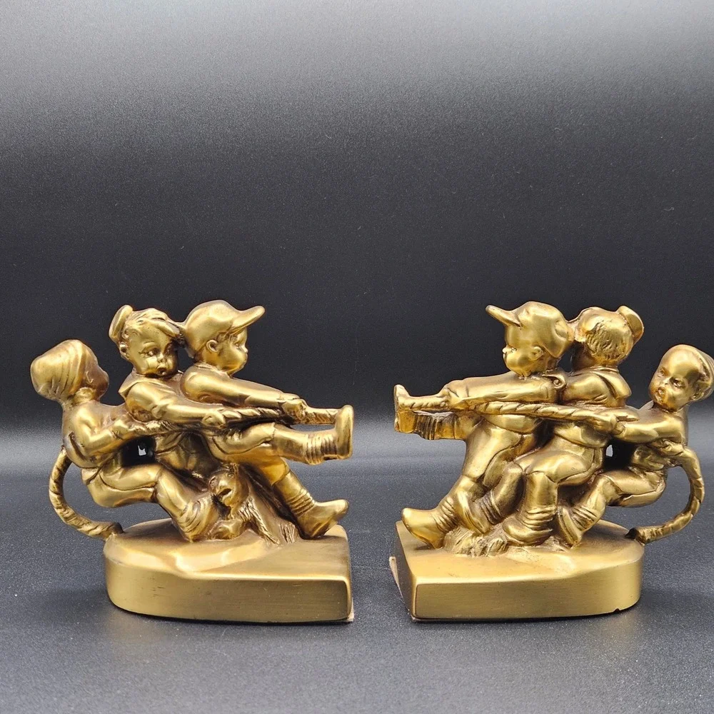 PM Craftsman Brass Tug of War Children Bookends Vintage Eaton Park Florida Gold